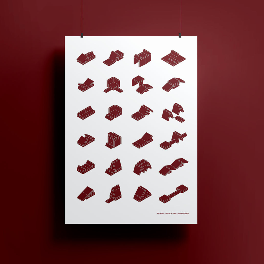 poster hanging showing play couch builds in burgundy color