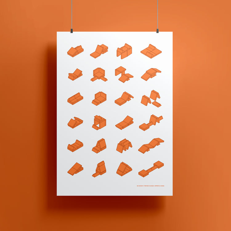 poster hanging showing play couch builds in orange color