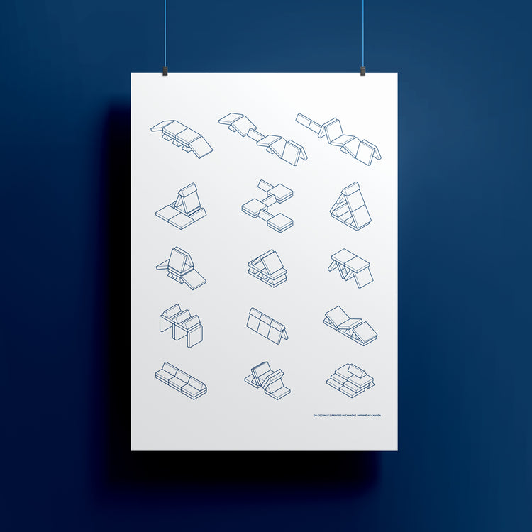 poster in line art style showing different play couch builds  in a blue color