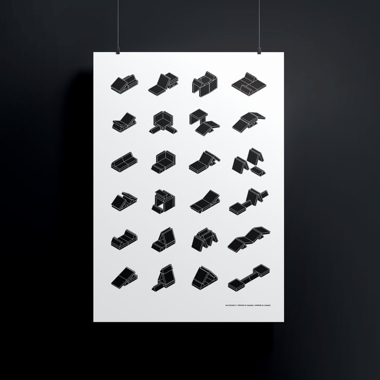 poster hanging showing play couch builds in black color