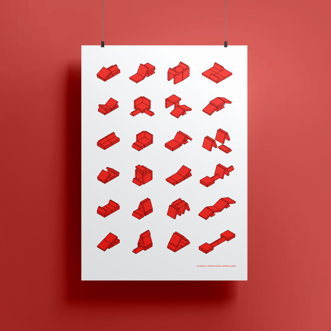 poster hanging showing play couch builds in red color