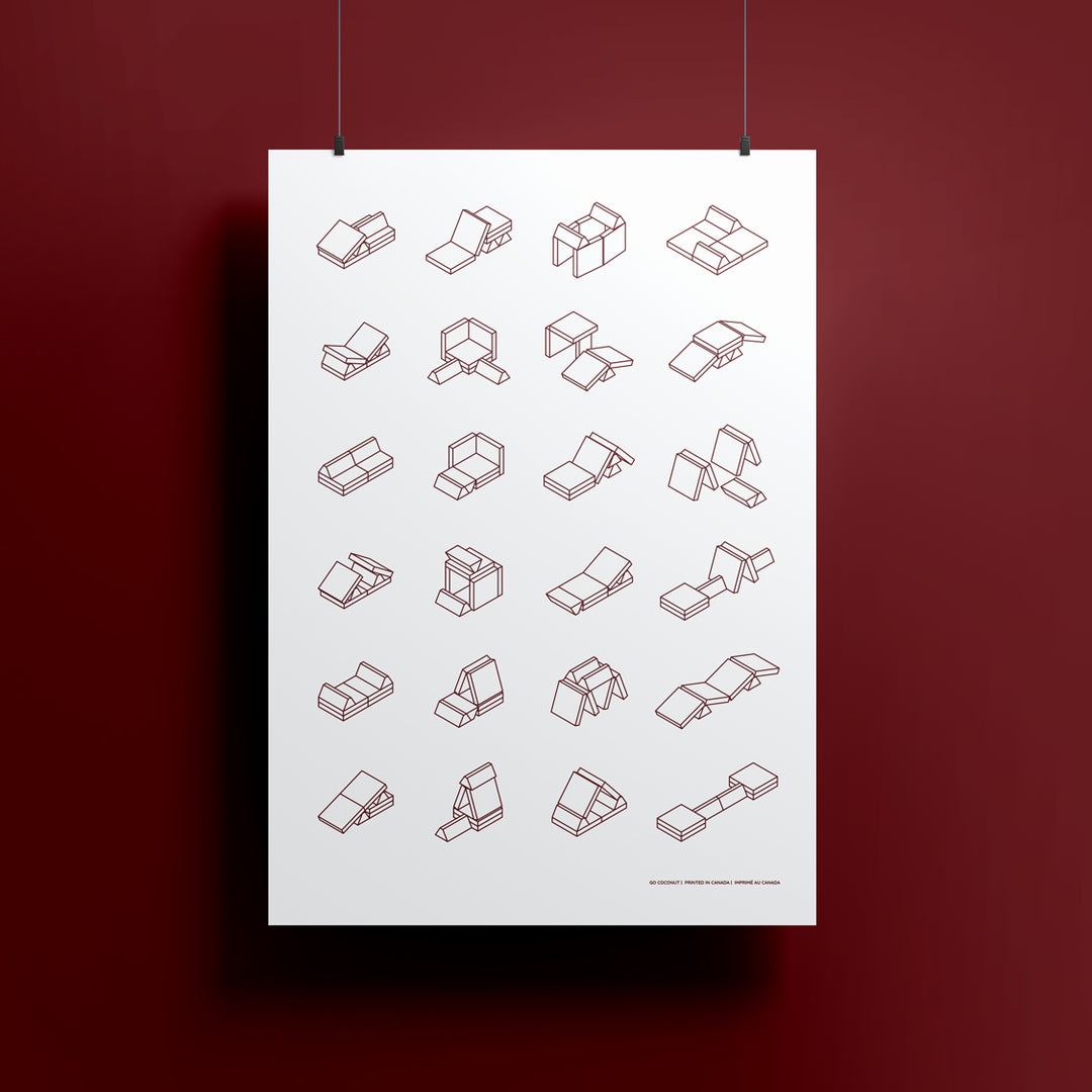 poster hanging showing in line art of play couch builds in burgundy color
