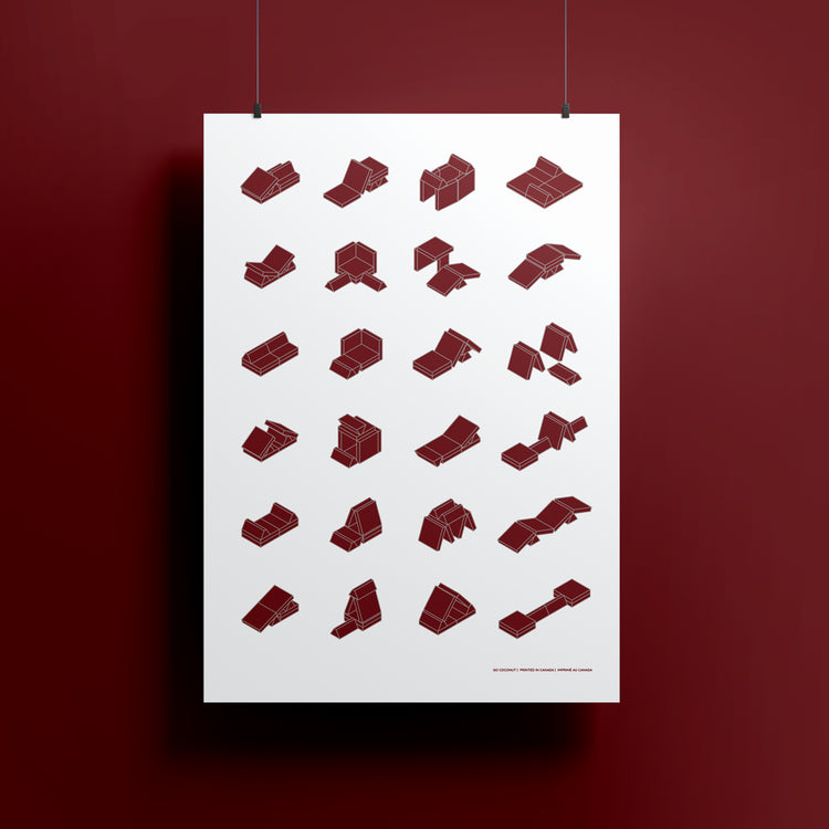 poster hanging showing play couch builds in burgundy color
