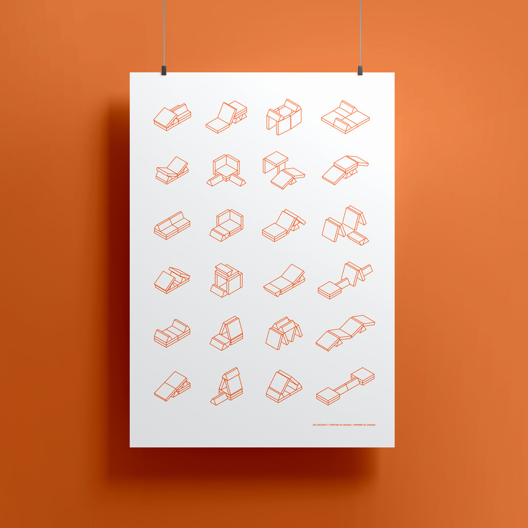 poster hanging showing in line art of play couch builds in orange color