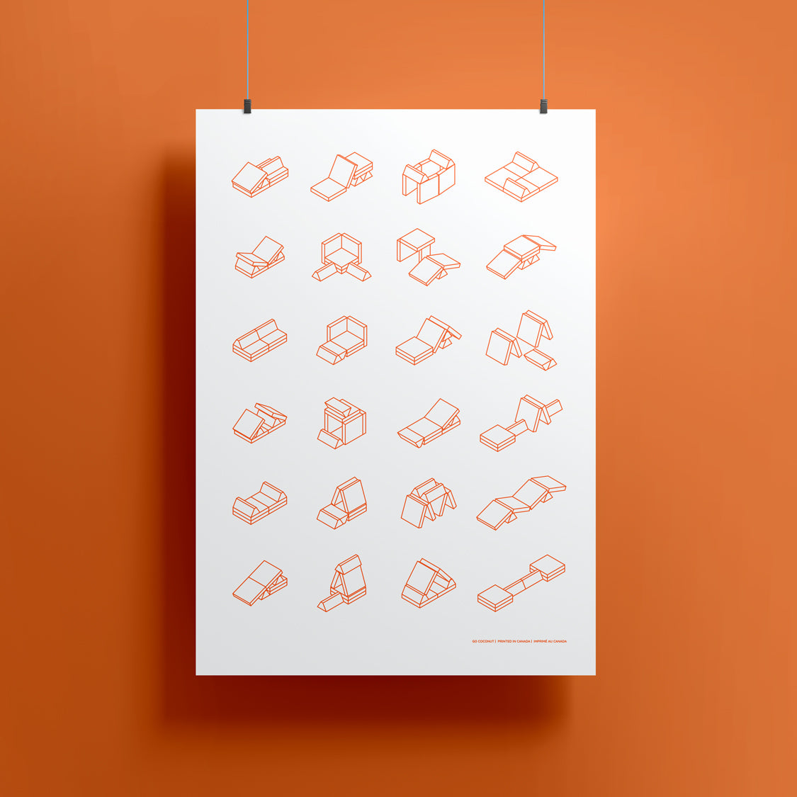 poster hanging showing in line art of play couch builds in orange color