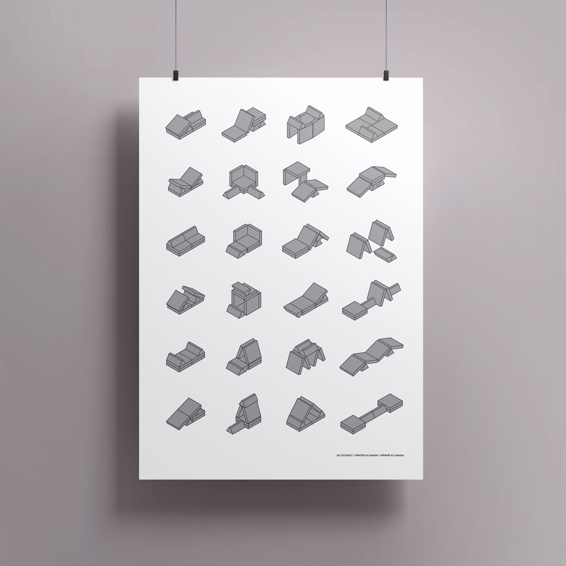 poster hanging showing play couch builds in grey color