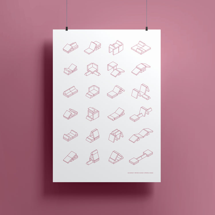 poster hanging showing in line art of play couch builds in rose color