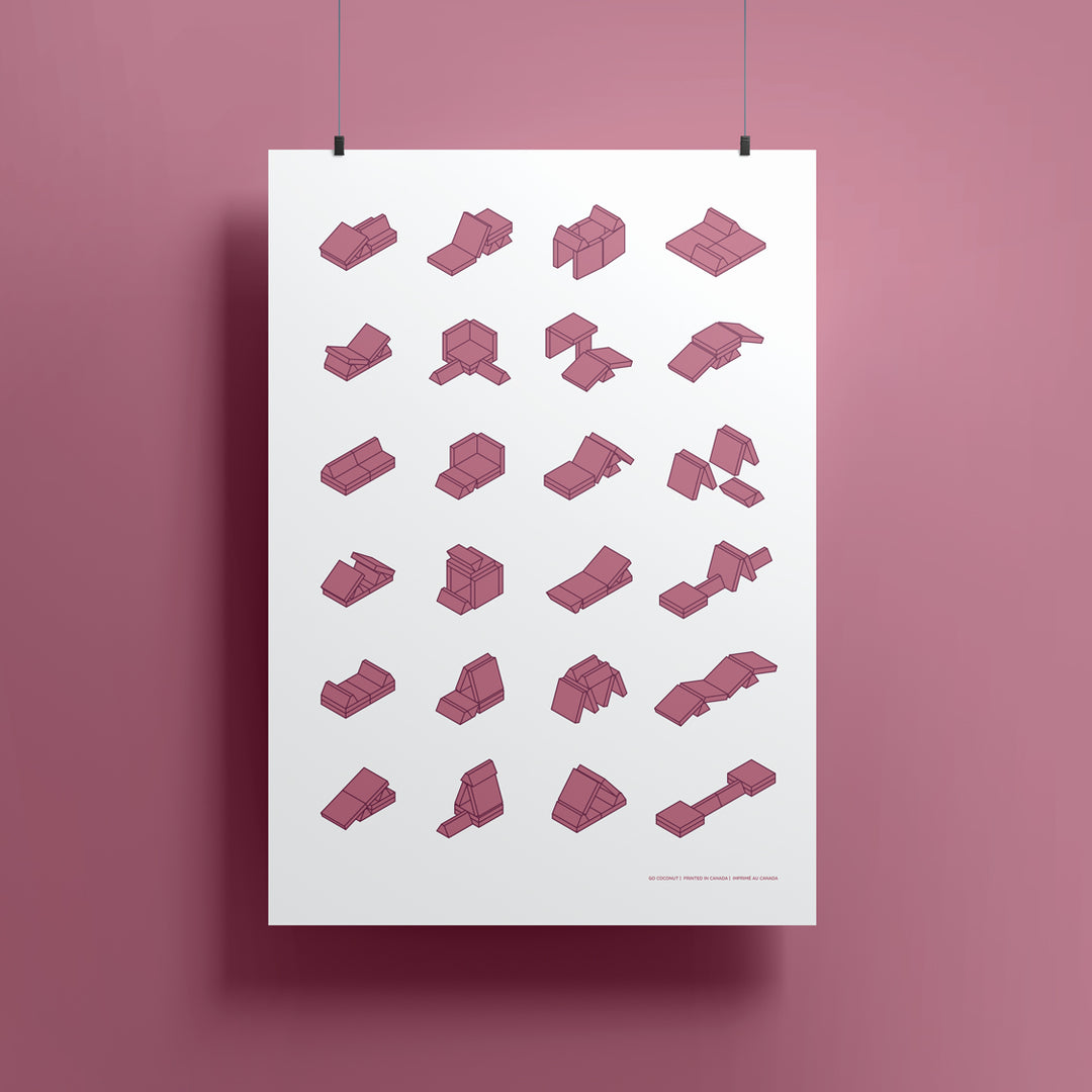 poster hanging showing play couch builds in rose color