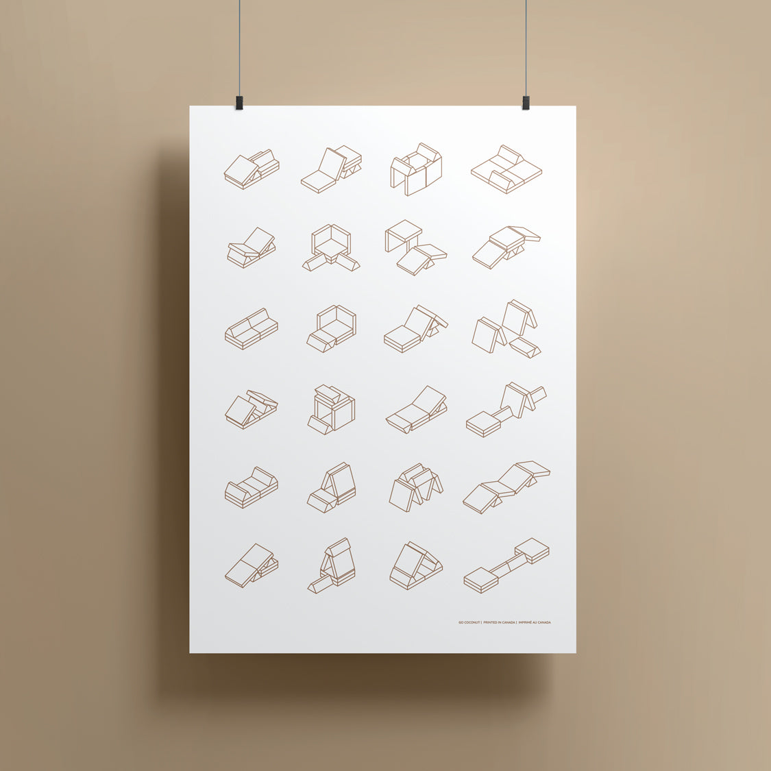 poster hanging showing in line art of play couch builds in cream color