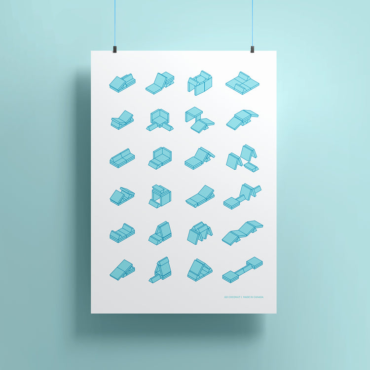poster hanging showing play couch builds in light blue color