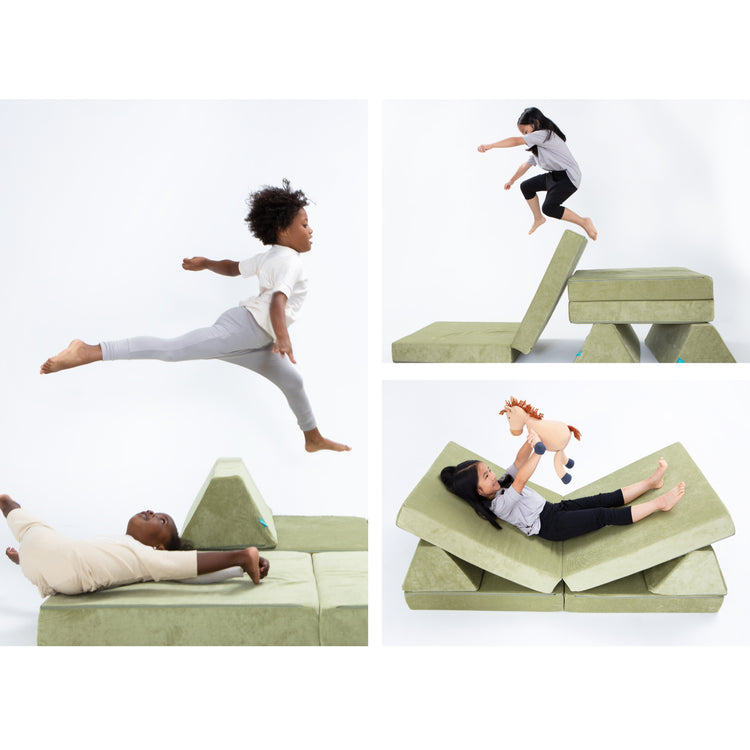 3 photos of kids playin on a green play couch