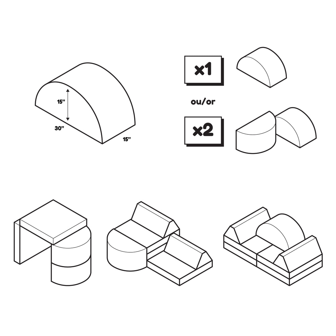 line art showing the size of the rocker compared to other play couch pieces